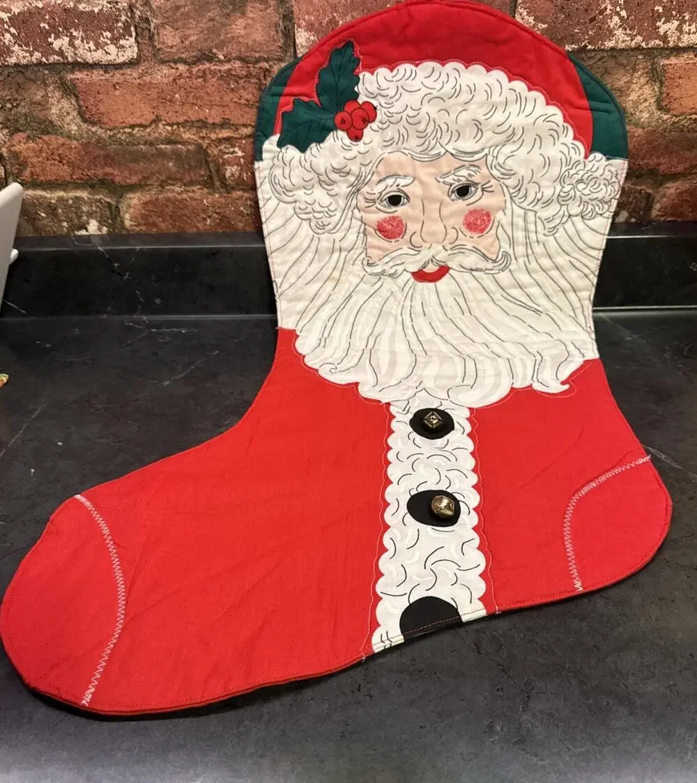 Vtg Santa Shaped Like A Stocking Wall Hanging Handmade 2 Bells Christmas Decor